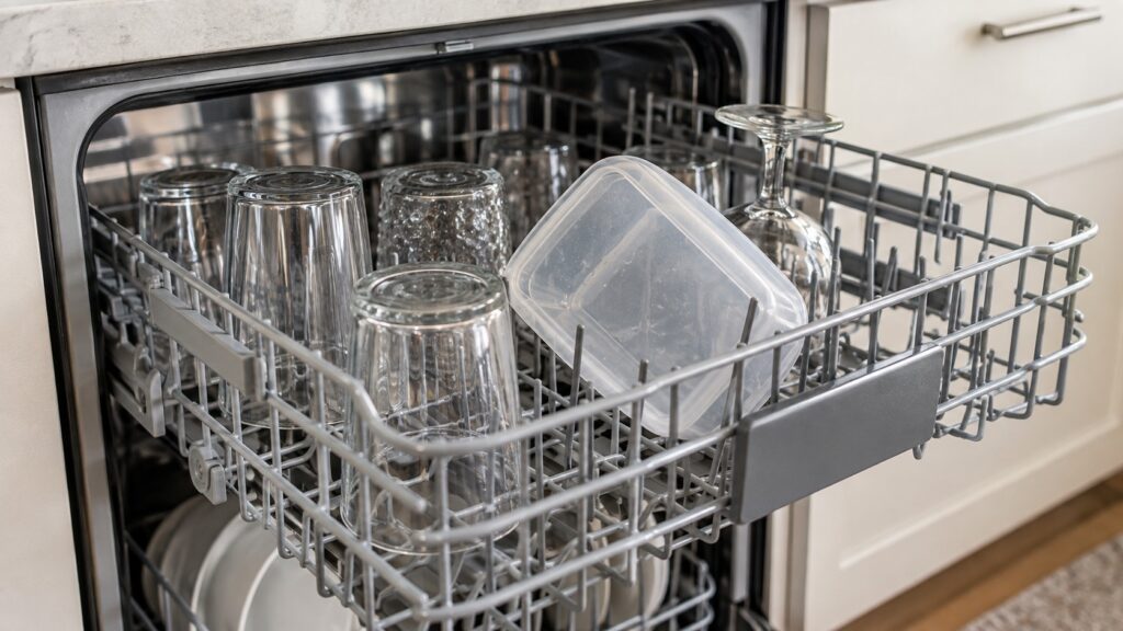 A dishwasher upper basket loaded with glasses and a plastic container tilted at an angle