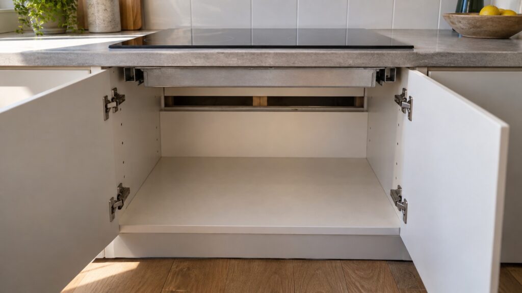 An open kitchen cabinet below a cooktop showing the ventilation gap at the rear of the carcass