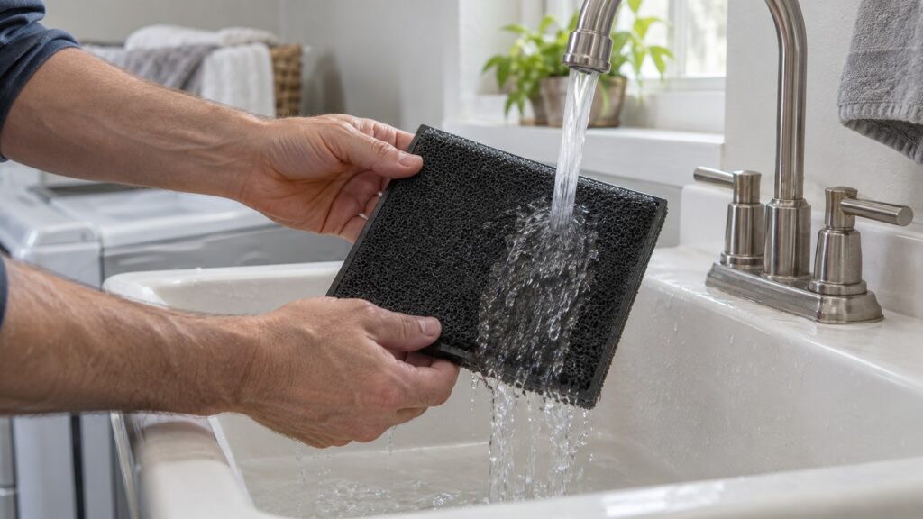 A foam filter element being rinsed under running water at a laundry sink