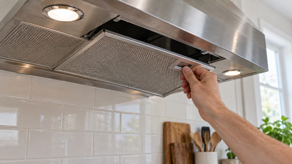 A metal mesh grease filter being lifted out of a range hood canopy by its handle