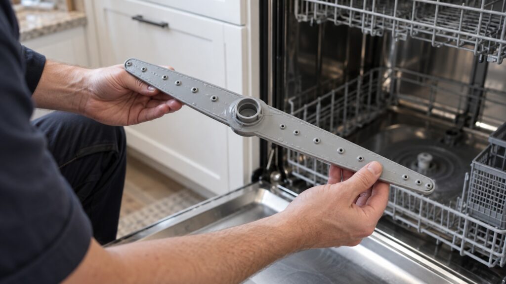 A dishwasher lower spray arm removed and held up to show the water jets along its length