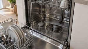 The open door of a dishwasher with a stainless steel tub showing the salt reservoir cap in the floor