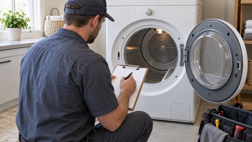 A technician holding a clipboard beside an opened dryer while writing notes about its condition