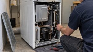 A laundry dryer pulled forward from a wall with its rear service panel removed showing the sealed system components