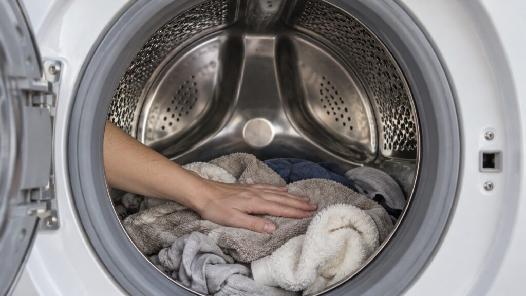 A hand resting on top of laundry inside a washer drum showing the gap left above the load